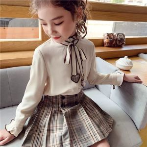 LJKids Girls Dresses 2023 New Spring Autumn 2PCS (Top + Skirt) Chiffon Shirt Princess Skirt Pleated Skirt Set Plaid Skirt Suits For 3- 12 Years Old Girls