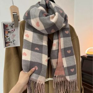 DIVATEN Windproof Neck Warmer Coldproof Love Heart Plaid Knitted Scarf Imitation Cashmere Shawl Women