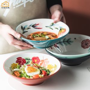 Vision Japanese Style Ceramic Dinner Bowl Large Soup Ramen Bowl Household Noodles Pasta Mixing Bowl Tableware Creative Hat Trumpet Salad Bowl with under Glaze Color Pattern