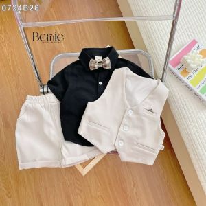 Set bộ bé trai áo sơ mi tay ngắn màu đen phối gi le rời quần short kèm nơ cổ 1 đến 7T BERNIE 0724B26