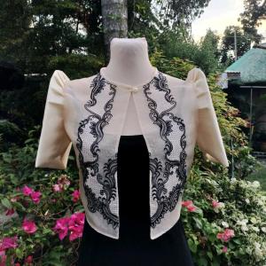 Modern Filipiniana Bolero Top Blouse Flower Embroidery Black Beige Formal Graduation Oathtaking Choir Pinya Organza Cotton
