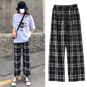 good quality plaid trousers with wide legs and high waist for summer, straight tube loose casual and skinny design