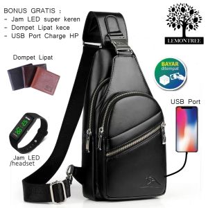 4in1- Tas selempang slingbag pria kulit free dompet jam / headset jasonbag