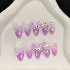 【HANDMADE+Free Glue】Medium Almond Press on Nails Purple Dopamine Cartoon Cute Kuromi with Heart Bow Diamond Artificial Nail Phototherapy Fake Nail Patch Nails Reusable
