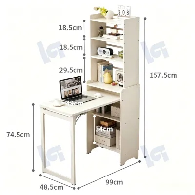 Foldable Desk Integrated Bookshelf Space Saving Study Table for Small Apartment Home Office Student