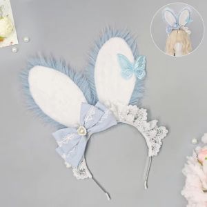 MIRELINA Viền ren Băng đô tai thỏ Chất liệu mềm mại như nhung. Phong cách Lolita Mũ đội đầu tai nhồi bông Dễ thương Thiết kế KC Băng đô tai động vật Hội chợ Anime