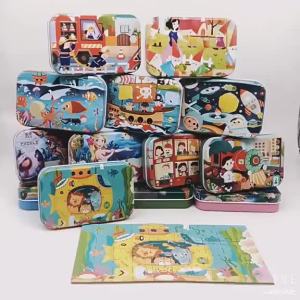 [SG Seller]Cartoon Themed 60pcs Wooden Jigsaw Puzzle With Tin Storage  Animal Vehicle Fairy Tale Kids Early Education