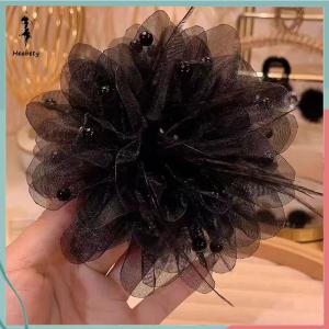 FUJIAS2🦋 Korean Women Fashion Mesh Flower Hair Accessories Organza s Black Feather Grip Shark Hair Clip Headwear