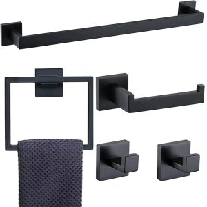 5Pcs Square Stainless Steel Bathroom Hardware Set 40cm Towel Bar Towel Ring Robe Hook Toilet Paper Holder Wall Mount Bathroom Accessories