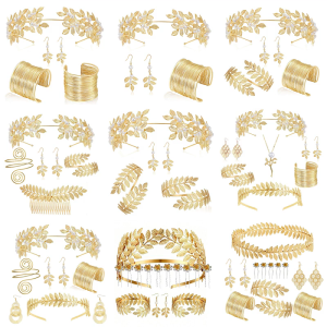 Greeks Goddesses Costume Accessories Set for Women Golden Laurel Leaf Crown Headband Upper Arm Cuffs Coil Bracelets