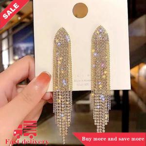 [COD] Long Tassel Full Rhinestone Drop Earrings For Women Ovsize Crystal Dangle Earrings Fashion Jewelry Accessories