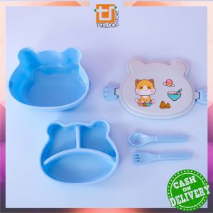 OFM-C777 Kotak Bekal Anak Set Sendok Garpu Motif Cartoon Lucu Lunch Box / Tempat Makan tingkat Anak Karakter Kucing BPA FREE