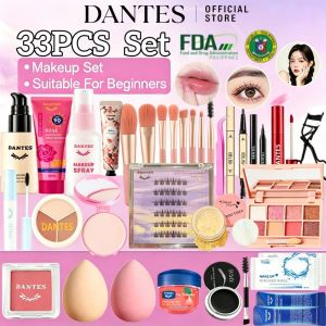【FDA】33Pcs Makeup Set Cosmetic Kit Liquid Foundation+Set Up Spray+Concealer+Eyeshadow Palette+Face Powder+Powder Blusher+Mascara+Eyeliner+Eyebrow pencil+Lip Glaze+Eyelash curler