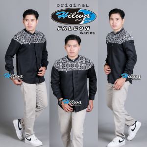 HILWA COLLECTION Baju Koko Pria Lengan Panjang Motif Falcon Warna Hitam Kombinasi Batik Premium