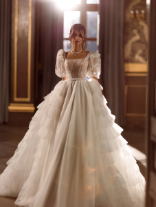 Fairycore Wedding Dress Ballgown Square Neckline Short Sleeves Zip Back Tulle Dress Boho Sparkle