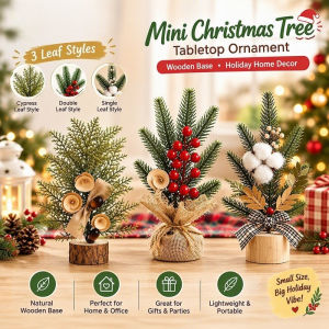 Mini Tabletop Christmas Tree Ornament with Wooden Base 3 Styles Home Office Party Decor