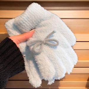Minwen Cute Sweet Bow Plush Gloves Cold-Proof Gloves Student Winter Warm Five-finger Gloves Women Fashion Accessories Christmas Gifts