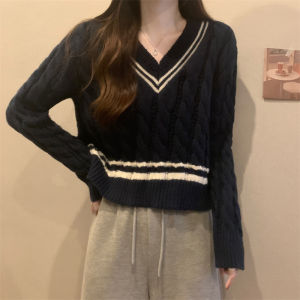 Wanita Pendek Rajutan Lengan Panjang Sweater V Kerah Garis Langsing Atas