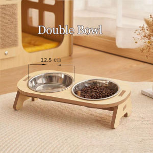 Wooden Pet Bowl Detachable Cat Dog Food Water Feeder Double Bowl Bamboo Bowl Spine Protection
