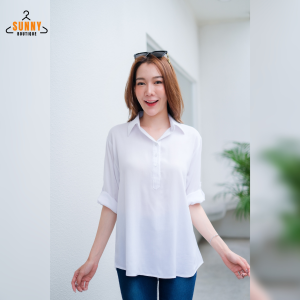 SunnyBoutique เสื้อเชิ้ตคอปก ผู้หญิง ผ้าสปัน แขน3ส่วน กระดุมครึ่ง อก40"-46" ใส่สบาย ไม่ร้อน