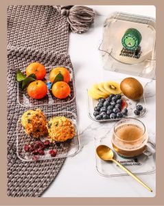 BOSSLU Piring Plastik Buah Bening Set Dengan Rak Stand Piring Segitiga Stainless Steel