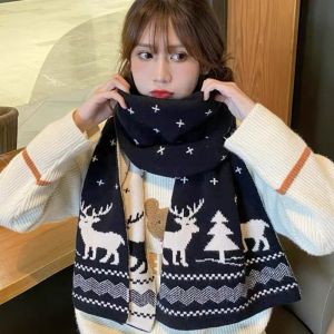 \ud83d\udd25Christmas Themed Deer Elk Snowflake Printed Scarf Women Men Couple Winter Knitted Thicken Big Shawl Double-sided Fashion Warm Scarves New Year Xmas Gifts
