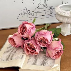 Artificial Roses Flowers Silk Rose Branch Burnt Edge Rose Buds Realistic Fake Rose Bouquet Wedding Home Decor Supplies Valentines Day Bouquet Gifts