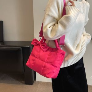 Women Quilted Puffer Tote Bag Bow Knot Down Cotton Hobo Bag All-Match Padded Shoulder Bag Satchel Handbag Shopping Bag