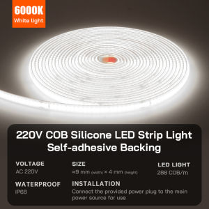 220V COB LED Strip Light Waterproof 320 Leds Per Meter Free Power Plug Included Strong Adhesive