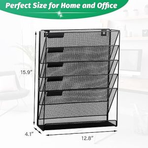 File Holder Hanging Wall Mesh File Organiser 6 Tier Office File Organizer Storage Rack With Bottom Tray Desk Magazine Document Storage Box Wall-Mounted Paper File Storage Rack Desktop Metal Book Stand Shelf Office Supplies