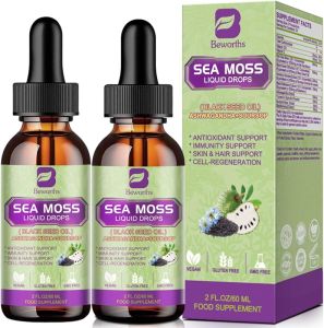 Sea Moss Liquid Drops - Irish Sea Moss & Black Seed Oil with Ashwagandha Soursop Bitters Elderberry Burdock Root Bladderwrack Seamoss Supplement Support Antioxidant Immune Gut Health