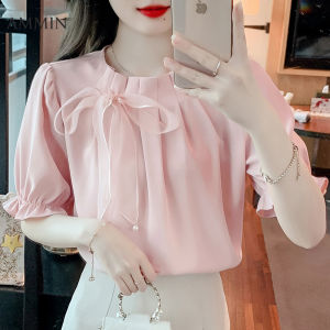 AMMIN 2023 summer new fashion pleated round neck with ribbon bow short sleeve chiffon blouse Korean version of simple solid color sweet puffed sleeves elegant blouse