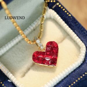 LUOWEND 100% 18K Yellow Gold Pendant Romantic Heart Shape Shiny Diamond Natural Ruby Necklace Pendant for Women Fine Jewelry
