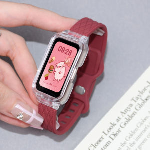 For Huawei Band 10/9/8 NFC strap+Case female soft silicone leather grain reverse buckle breathable band