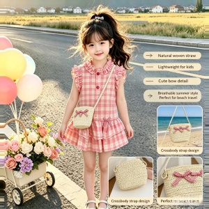 AILEBE Kids Wallet Cute Straw Crossbody Coin Purse Bag Handwoven Summer Beach Straw Bag With   Knot Lightweight Eco-Friendly Round Basket Design Perfect For Beach Travel Daily OOTD