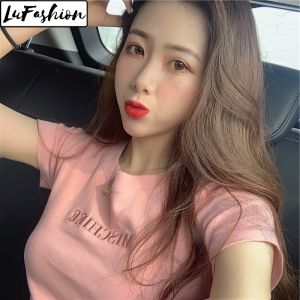 LuFashion Blouse for Woman Summer Letter Embroidery Short Sleeve Casual Tops