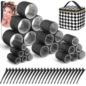50Pcs Rollers Hair Curlers Self Grip Hair Rollers Set with 24Pcs Hair Rollers in 4 Sizes 24 Pcs Clips and Cosmetic Bag for Blowout Look Long Medium Thick Hair Volume