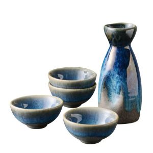 DAFIFY 5 in 1 Blue Glazed Ceramic Japanese Style Sake 4 Bowls Cups Japanese Restaurant Serving Bottle Set 120ml