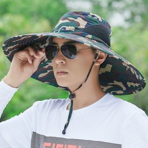 Breathable Mens Fisherman Hat Wide Brim Fishing Hiking Outdoor Bucket Hat with string waway cap for men