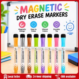 8Pcs Erasable Markers Set Colors Magnet Whiteboard Ink Pens School Teacher Resources Childrens Graffiti Kids Drawing Magnetic Black Dry Erase Markers with Eraser Cap White Board Dry Erase Markers Classroom Dry Wipe Colors Pens