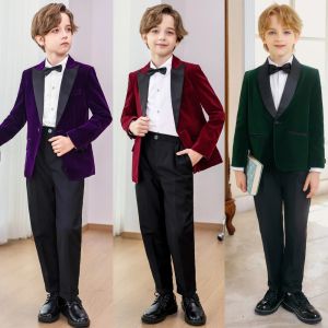 lontakids Boys 4 Piece Christmas Velvet Suit Formal Tuxedo Kids Slim Fit Blazer Dress Shirt Pants Outfit with Bow Tie