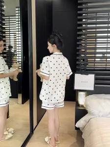 2024 Pajamas Womens Summer Thin Ice Silk Short Sleeve Shorts Cardigan plus Size Korean Style Printed Outerwear Homewear Sets ㏇L0514