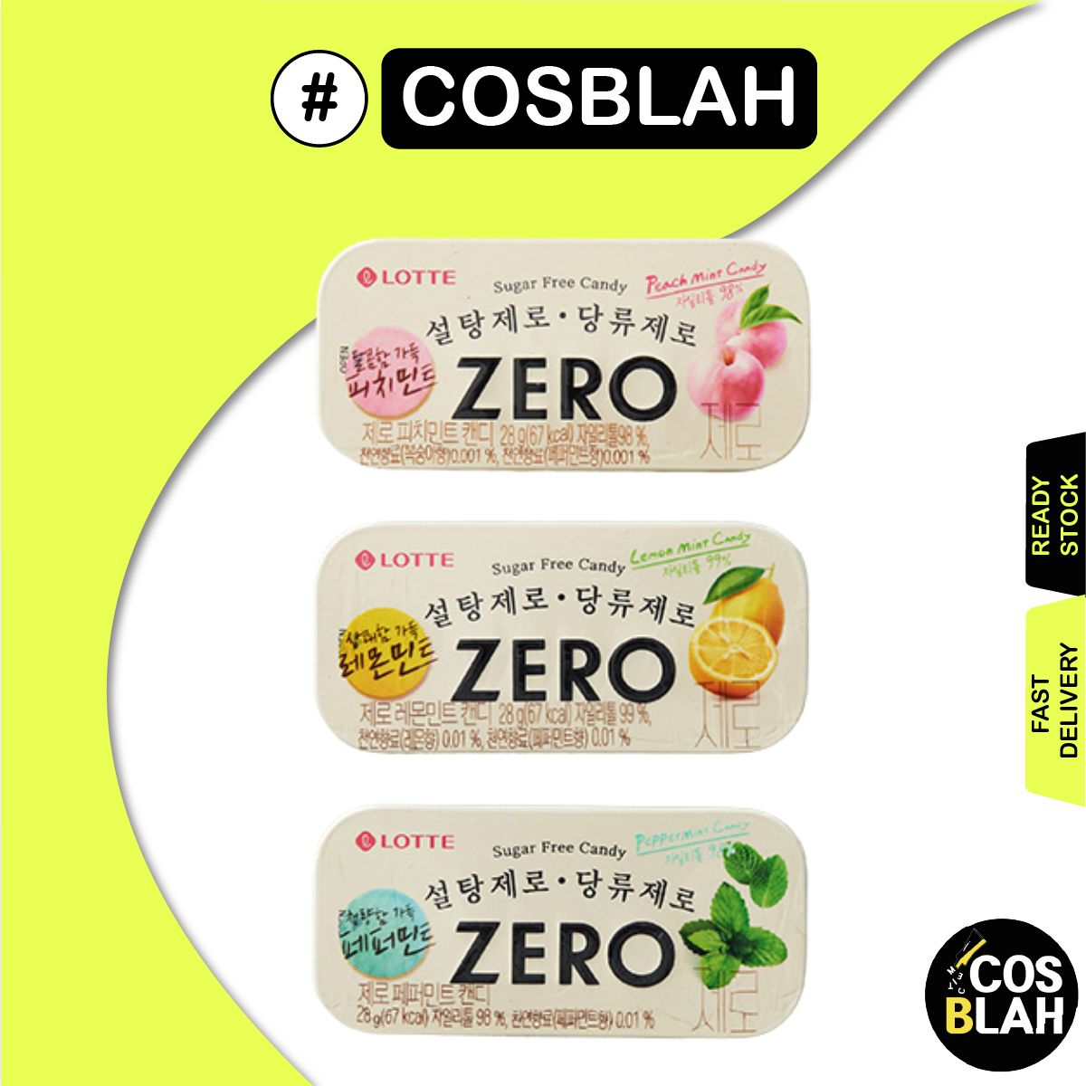 りーちろー　3 Lotte] Zero Sugar Lemon Mint Candy 28g / Pepper Mint Candy 28g