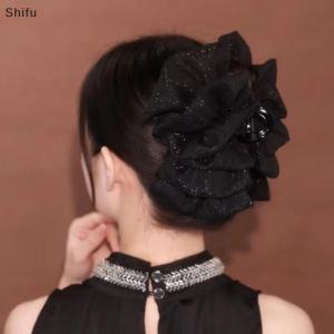[ShiFu] Fashion Women Seersucker Clip Black Bowknot Hair Grab Hair Bow Shark Clip Mesh Bubble Grabber Girl Headwear