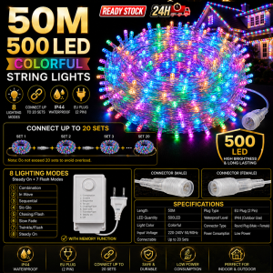 🔥Ready Stock🔥10M/50M LED Fairy String Lights 100LED/500LED Warm White Multicolor IP65 Waterproof 8 Modes Deepavali Christmas Wedding Garden Decor