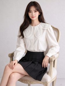Stella Fashion Women Korean Lace Collar Long Sleeve Blouse Elegant Office Lady White Shirt Puff Sleeve Slim Fit Top S-XL