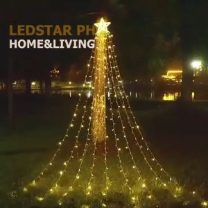 LED Five-pointed Star Waterfall Light Christmas Hanging Tree Outdoor Garden Remote Control Solar