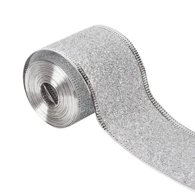 1Roll 10yd 50mm Christmas Ribbon Wired Edge Glitter Ribbon for Gift Wrapping Xmas Tree Bowknot Wreath Ornament Decoration