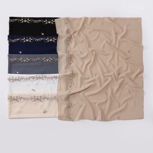 Breathable Solid Color Floral Headscarf Mesh Thin Ethnic Style Long Scarf Embroidery Flower Shawl Beach