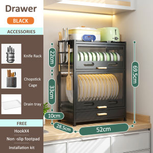 GSlife Dish Rack Drainer Drying Rack Kitchen Countertop Plate Organizer Storage Shelf Black With Drawer Bowl Rack Disc Holder Rak Pinggang Bertingkat Kitchen Organizer Rack